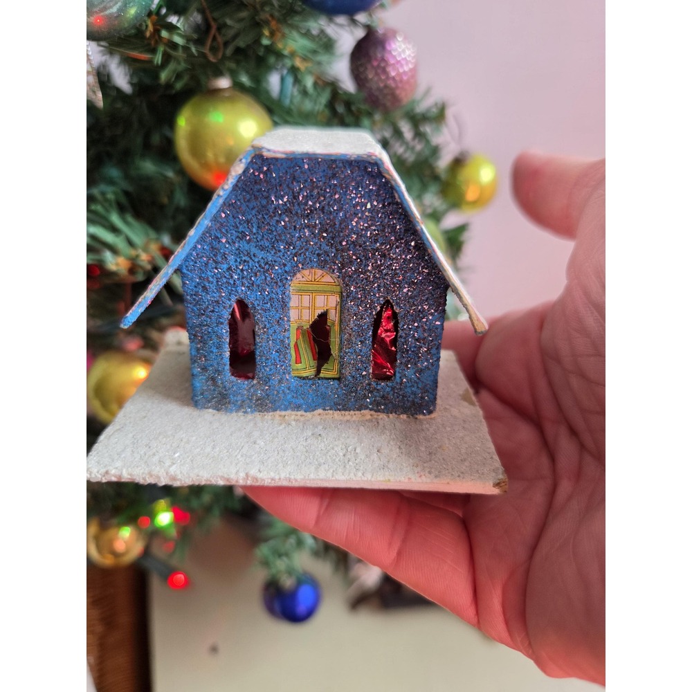 Vintage Japan Putz Christmas House Blue Mica Glitter Cardboard Village
